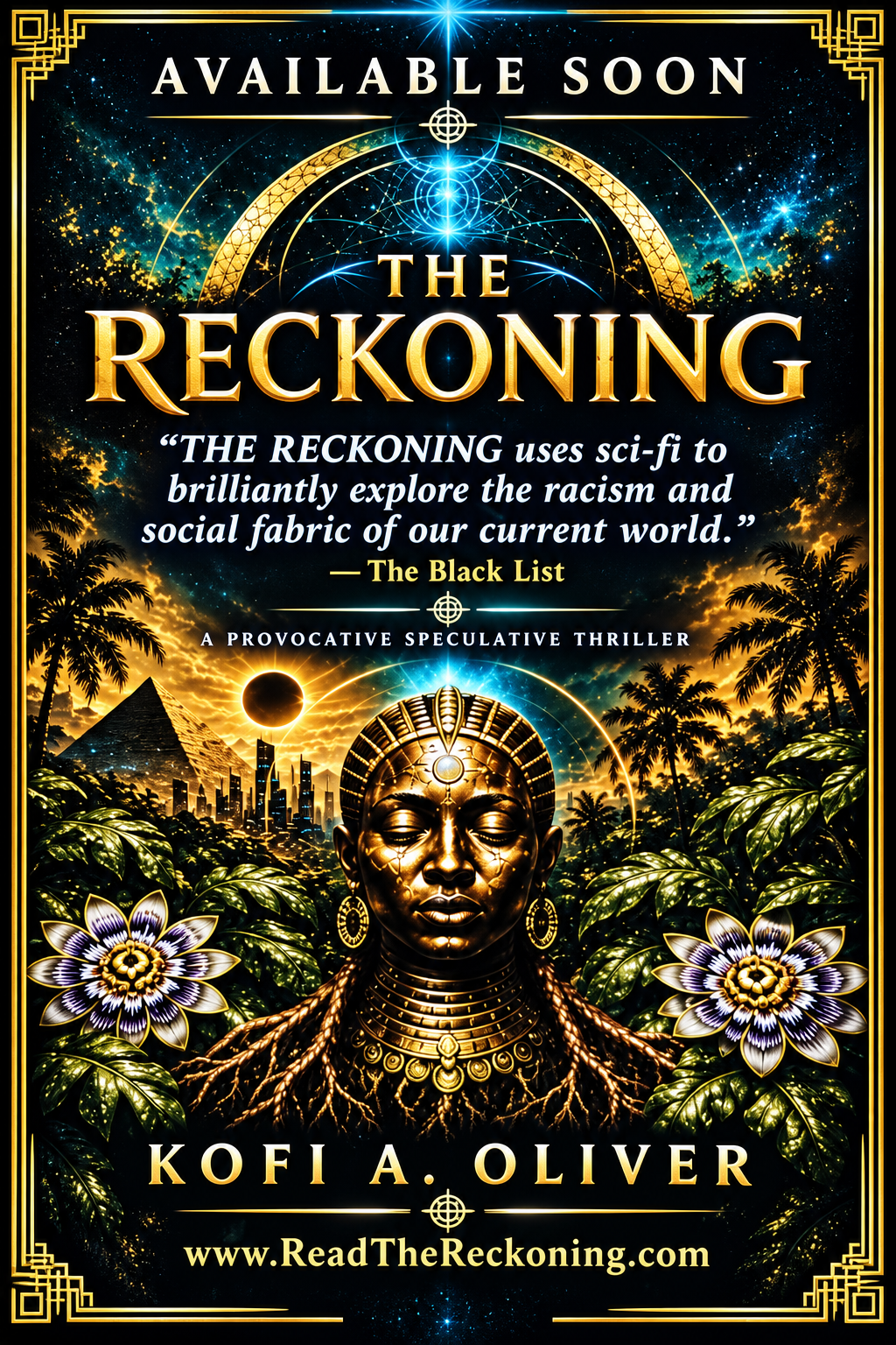The Reckoning by Kofi A. Oliver — gold portrait, tropical foliage, an eclipse and electric blue celestial light